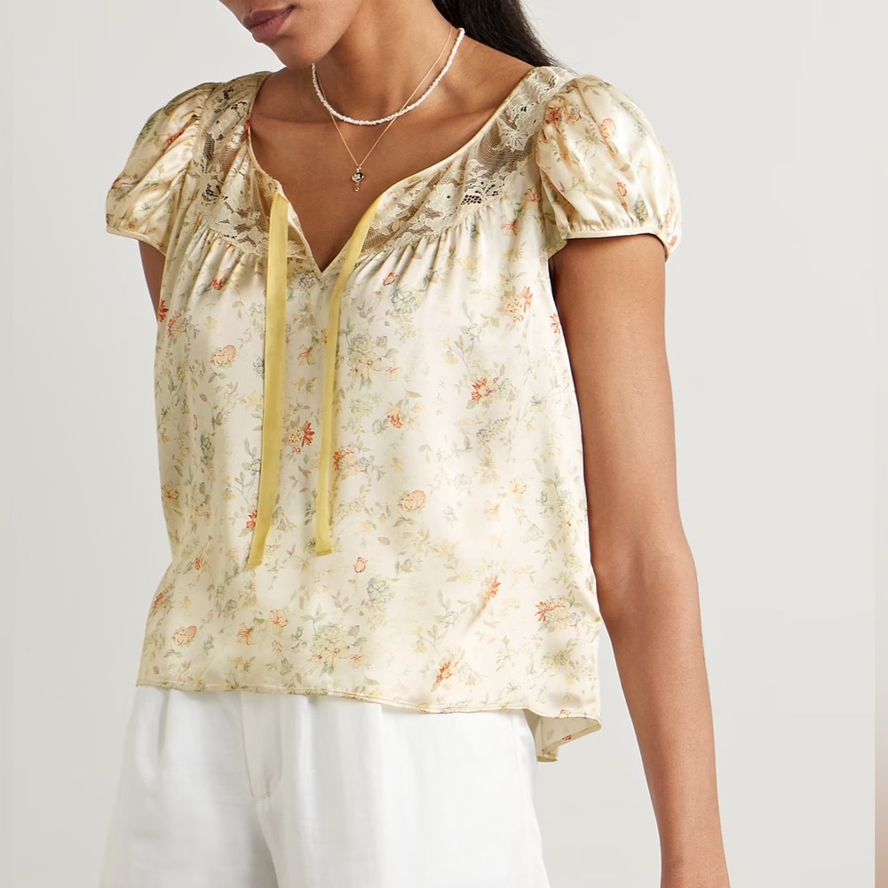 NWT DÔEN Camri corded lace-trimmed floral-print silk-satin top - Picture 2 of 5